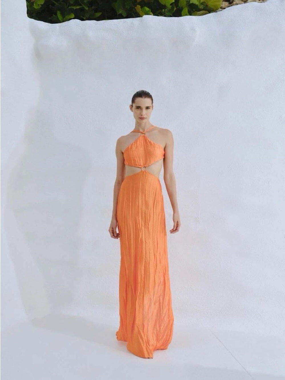 Baobab Collection Orange Halter Cutout Pleated Maxi